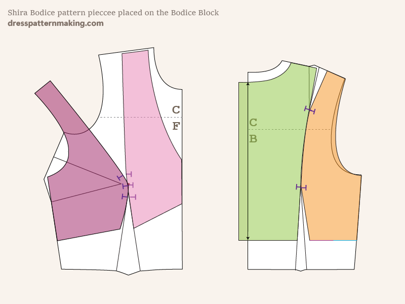 The four bodice pattern pieces placed on top of the Block